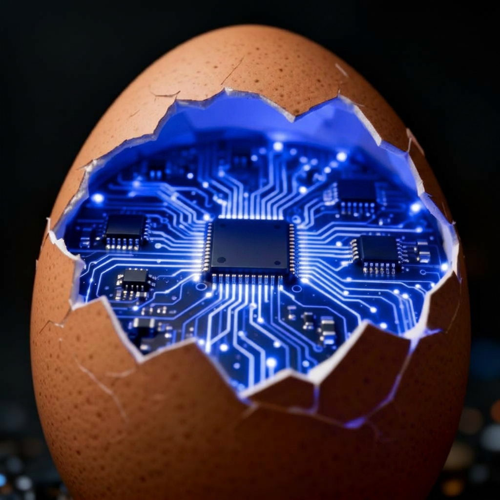 Cracked shell revealing glowing circuitry — the CSN cocoon